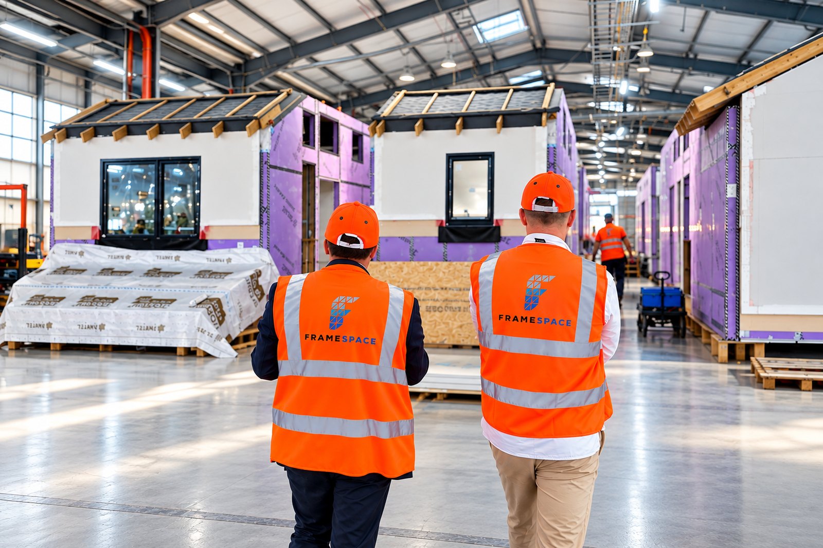 Framespace staff on the factory floor with volumetric steel units in production